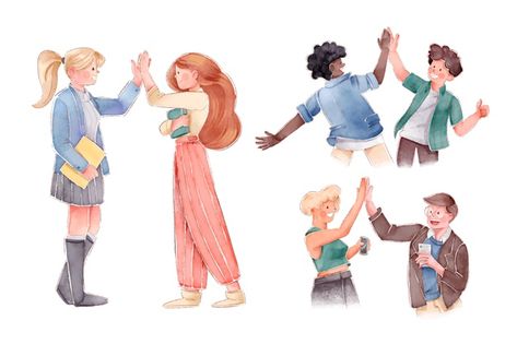 Set of people giving high five Free Vect... | Free Vector #Freepik #freevector #freewatercolor #freepeople #freehappy #freefriends Watercolor People, Poses Anime, Batfamily Funny, Friends High, Free Friends, Art Major, People Poses, People Happy, Drawings Of Friends