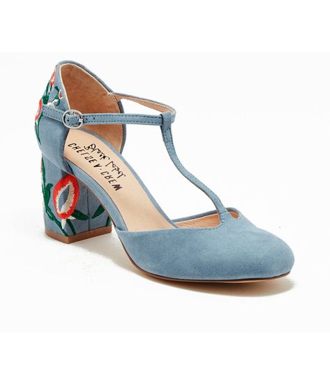 Chelsea Crew Sky Blue T-Strap Embroidered Frenchie Heels - Unique Vintage - Womens, SHOES, HEELS Colorful Wedding Shoes Comfortable, Embroidered Block Heels, Cool Wedding Shoes, Blue Wedding Shoes Low Heel, Blue Shoes Heels, Light Blue Heels, Colorful Wedding Shoes, Blue Bridal Shoes, Embroidered Heels