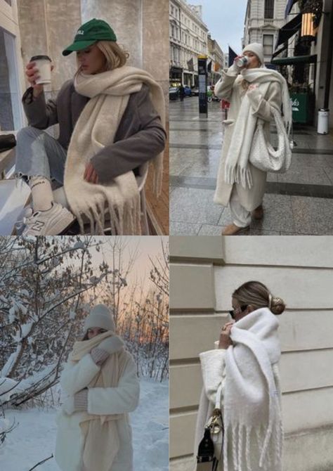 Winter inspiration - white scarf inspiration. #white #winter #inspiration #teenfashion Chunky White Scarf, Big Winter Scarf Outfit, Big Scarf Outfit Winter Fashion, White Scarf, White Scarf Outfit, Big Scarf Outfit, White Cardigan Outfit, Scarf Outfit Winter, Long White Cardigan