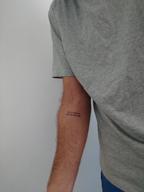 Date Of Birth Tattoos Ideas Men, Roman Numeral Date Tattoo Arm, Roman Year Tattoo, Roman Number Date Tattoo, Roman Tattoos For Men Arm, Man Roman Numeral Tattoo, Men’s Roman Numeral Tattoo, Birth Date Tattoo, Roman Numeral Tattoo Arm