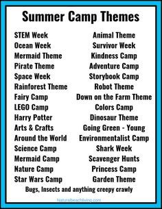 30+ Summer Camp Themes - The Best Summer Themes for Kids - These 30+ Summer Camp Themes and Descriptions will give you fun activities and ideas to fill your days with exciting Summer Themes. Summer Camp Theme Ideas for Preschoolers and youth camp, This page is full of great summer themes to explore nature, arts and crafts, Science, STEM, ocean activities, kindness and so much more. Summer Themes For Kids, Preschool Summer Camp, Camp Themes, Summer Activities For Toddlers, Summer At Home, Summer Camp Themes, Summer Themes, Summer Day Camp, Camp Theme