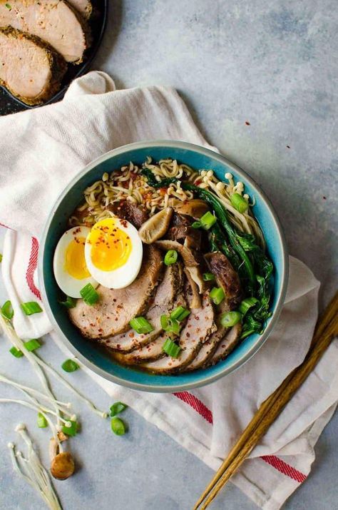 Easy Pork Ramen - Thinly sliced, perfectly cooked, juicy pork tenderloin and an egg with a gloriously runny egg yolk, crunchy Asian greens, and flavorful mushrooms, all swimming in a scrumptious and flavor-packed ramen noodle broth. All in less than 30 minutes! Easy Pork Ramen, Pork Ramen Recipe, Ramen Noodle Recipes Soup, Leftover Pork Tenderloin, Asian Greens, Juicy Pork Tenderloin, Pork Ramen, Easy Ramen, Roast Beef Sandwich