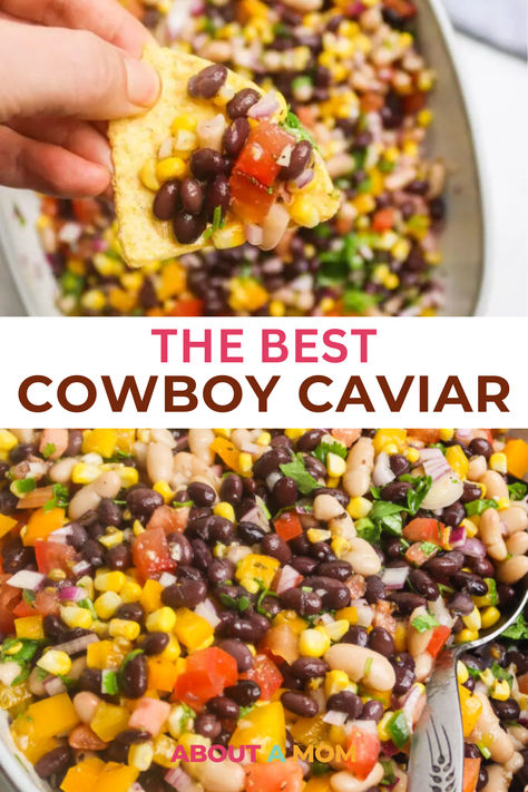 a pin with 2 images of cowboy caviar Caviar Dip Recipe, Cowboy Caviar Dip Recipe, Cowboy Caviar Dip, Caviar Dip, Bbq Party Food, Bbq Appetizers, Caviar Recipes, Bbq Side Dishes, Bbq Dishes