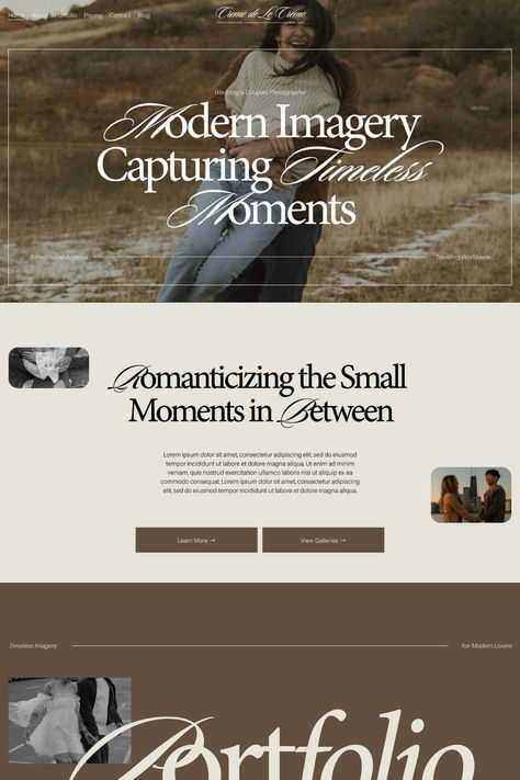 The Creme De La Creme Squarespace template is perfect for wedding photographers, couples photographers, and commercial photographers that need a responsive website template design! This high-converting layout is complemented by a blend of earth tones, modern typography, and a seamless user experience. Plug in your own logo, pricing, and photography portfolio to this website template layout or browse our web design services and launch with an expert Squarespace designer. #ad #affiliate Squarespace Template, Squarespace Website Templates, Squarespace Website Design, Website Template Design, Responsive Website Template, Squarespace Website, Responsive Website, Web Design Services, Modern Typography