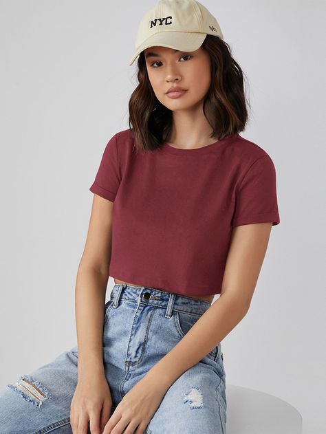 Burgundy Casual  Short Sleeve Cotton Plain  Embellished Slight Stretch Summer Women Tops, Blouses & Tee Shein Basics, Cuffed Sleeve, Casual Day Outfits, Women T Shirts, Women Tops, Crop Tee, Cuff Sleeves, Sleeve Cotton, Short Tops