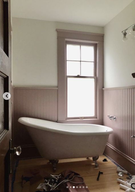 Mauve Vanity Bathroom, Vintage Bathroom Colors, Mauve Paint Bathroom, Soft Purple Bathroom, Mauve Half Bath, Dusty Purple Bathroom, Pink Panelling Bathroom, Mauve Bathroom Ideas, Dusty Rose Bathroom