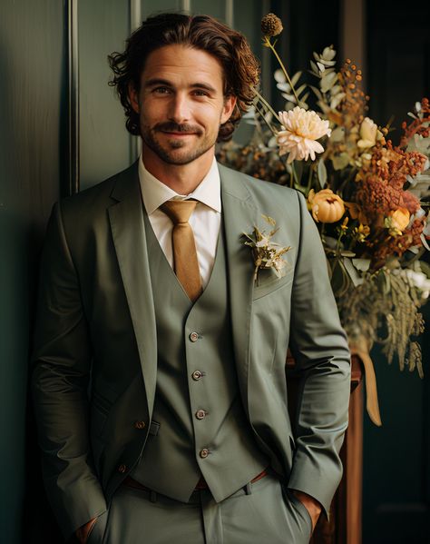 Engagement Suits, Three Piece Suits, Green Suit Men, Suit Groomsmen, Green Wedding Suit, Olive Green Weddings, Suits For Wedding, Groom And Groomsmen Suits, Wedding Tux