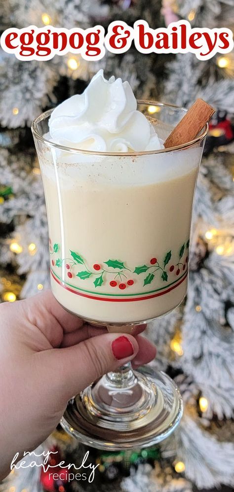 Eggnog and Baileys Cocktail Recipe- christmas festive holiday alcoholic drink to make. Fun christmas party cocktail. Easy eggnog what to make with it. Baileys Eggnog Recipe, Christmas Eggnog Drinks, Christmas Breakfast Drinks, Eggnog Cocktail Recipe, Eggnog Recipe Spiked, Homemade Liqueur, Alcoholic Eggnog, Liqueur Recipes, Baileys Drinks