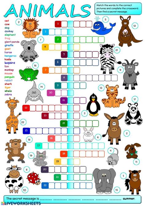 Animals Puzzle Worksheet, Animal Worksheets For Kids, Animal Crossword, Animal Word Search, Oppgaver For Barn, Materi Bahasa Inggris, Animal Worksheets, English Exercises, English Games