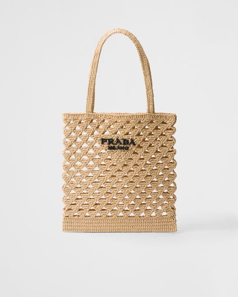 Natural Woven fabric crochet tote bag | PRADA Crochet Logo, Crochet Handles, Prada Tote Bag, Handmade Crochet Bags, Bag Prada, Crochet Tote Bag, Woven Raffia, Crochet Tote, Triangle Logo