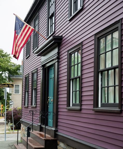 Purple Home Exterior Color Schemes, Exterior Purple Paint Colors For House, Eclectic Exterior House Colors, Blue And Purple House Exterior, Violet House Exterior, Jewel Tone House Exterior, Historic House Colors Exterior, Plum House Exterior, Dark Purple House Exterior