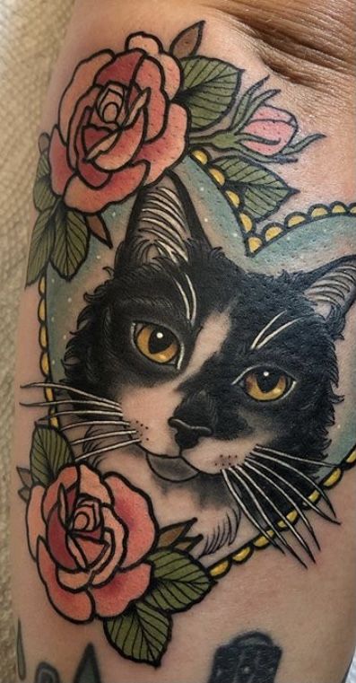 Neotraditional Pet Portrait, Traditional Siamese Cat Tattoo, Cat Portrait Tattoo Traditional, New School Cat Tattoo, Black Cat Portrait Tattoo, Traditional Pet Portrait Tattoo, Long Haired Cat Tattoo, Traditional Pet Tattoo, Black Cat Tattoo Traditional