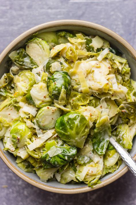 These Creamy Shaved Brussels Sprouts might become your new favorite brussels sprouts recipe. They're so easy to make in one skillet and in less than 30 minutes. The recipe is vegan and gluten-free. Shaved Brussel Sprouts Sauteed, Recipe With Mustard, Brussel Sprout Slaw, Creamy Honey Mustard Chicken, Sauteed Brussel Sprouts, Shaved Brussel Sprouts, Lavender Macarons, Creamy Mustard Sauce, Creamed Leeks