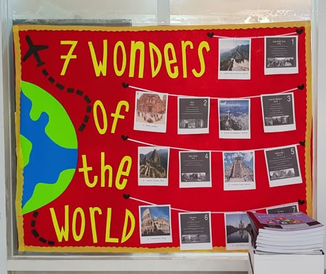 Wonders Of The World Classroom Theme, World Cultures Classroom Decorations, Seven Wonders Of The World Project, Around The World Stage Decor, Around The World Bulletin Board Ideas, Travel Bulletin Board Ideas, World Classroom Theme, Around The World Classroom Theme, Wonder Bulletin Board