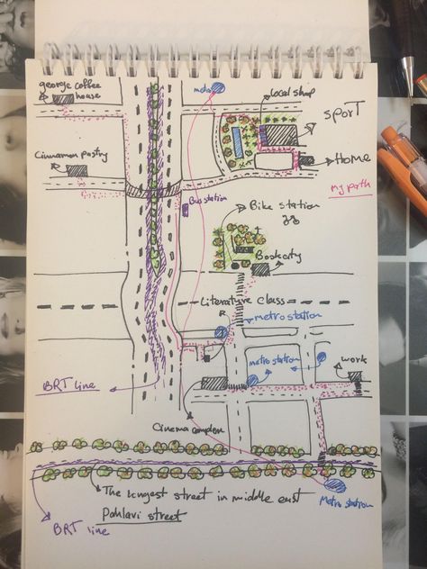 I am shouka. industrial designer from TEHRAN. this is mental map for week one. these are the places I visit the most. Mental Map Architecture, Mental Map Design, Tehran Map, Mental Mapping, Movie Map, Map Sketch, Mental Map, Architecture Drawing Plan, Hand Drawn Map