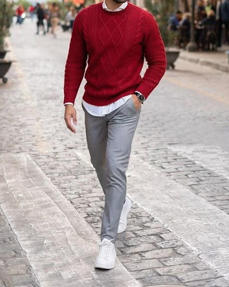 Men's Fashion Style Outfits Ideas Red Shirt Outfit, Red Shirt Outfits, Red Sweater Outfit, Christmas Outfit Men, Sweater Outfits Men, Smart Casual Menswear, Mens Business Casual Outfits, Shirt Outfit Men, Mens Casual Dress Outfits