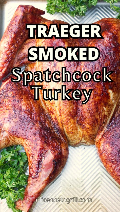 traeger smoked spatchcock turkey on a platter. Treager Turkey Recipe, Smoked Spatchcock Turkey Pellet Grill, Traeger Spatchcock Turkey, Trager Smoker Recipes Turkey, Smoked Turkey Traeger, Smoked Turkey Legs Recipe Traeger, Smoked Spatchcock Turkey Recipes, Trager Smoked Turkey, Pellet Grill Turkey Recipes