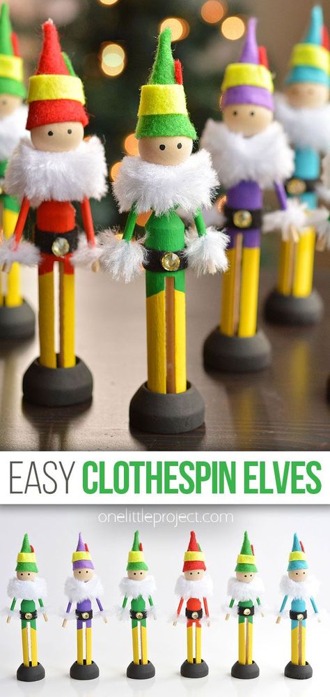 This clothespin elf craft is SO CUTE! Use wood doll pins to make an adorable Christmas elf. Decorate the elf with felt and fur for an extra festive holiday touch. It's such a fun Christmas craft for kids, tweens, teens, adults, and seniors! Wooden Clothespin Crafts Christmas, Reindeer Clothespin, Clothespins Crafts, Clothespin Christmas, Elf Craft, Snowflake Making, Clothespin Crafts Christmas, Clothespin Diy Crafts, Wooden Clothespin Crafts