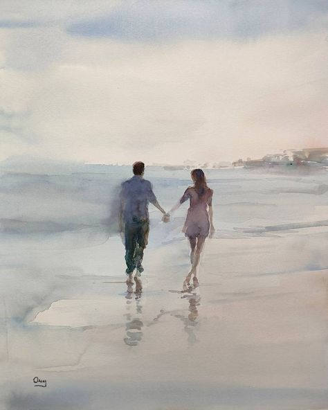 Watercolor People Easy, Watercolor Painting Love, Love Watercolor Art, Watercolor Couple Art, Anniversary Watercolor Painting, Watercolor Art Beach Simple, Romantisme Art, Walking On Beach Painting, Watercolor Art Couple