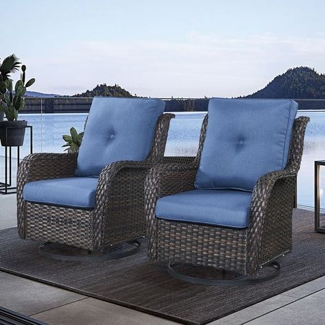 Outdoor Wicker Rocking Lounge Chairs with Swivel Base (Set of 2) - Bed Bath & Beyond - 37593046 Wicker Swivel Chair, Rattan Light, Rocking Chair Set, Yellow Cushions, Outdoor Stuff, Outdoor Rocking Chairs, Rocking Chairs, Blue Cushions, Grey Baby