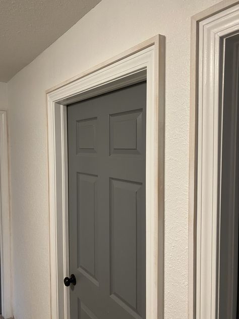 Easy Trim Update, Baseboard Door Trim, Modern Trim Around Doors, Front Door Casing Interior, Beef Up Door Trim, Adding Trim To Door Frame, Add To Existing Door Trim, Window Frame Molding, Bedroom Door Trim