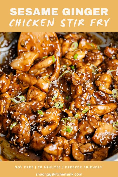 Tender, juicy chicken cubes, fried to golden brown and tossed with a savory sesame ginger sauce. This quick and easy better-than-take out healthy sesame ginger chicken recipe is sure to become a family favorite. | #sesamegingerchicken #healthychicken #paleochickenrecipe #soyfreechickenrecipe #healthychinesefood Sesame Ginger Stir Fry, Ginger Sauce For Chicken, Chicken Cubes Recipes, Ginger Recipes Healthy, Sesame Ginger Chicken Recipe, Sesame Ginger Sauce, Sesame Ginger Chicken, Sesame Oil Recipes, Ginger Chicken Recipes