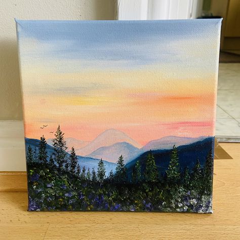 into The Mountains  Oil painting  Canvas size 20cm x 20cm - square Water Aesthetic Painting, Easy Square Painting Ideas, Square Canvas Painting Ideas Easy, Acrylic Painting Mountains, Painting On Square Canvas, Scenery On Canvas, Mountain Sunset Painting, Sunset Painting Acrylic, Oil Painting Canvas