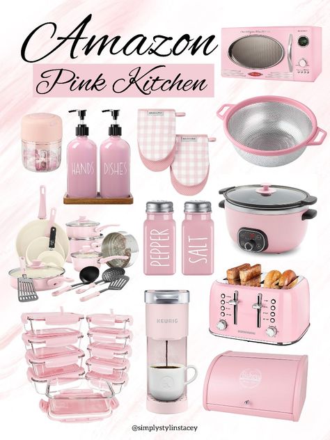 Pink Pink Household Items, Pink Kitchen Items, Pink Amazon Finds, Pink Kitchen Accessories, Pink Microwave, Pink Apartment Decor, Pink Essentials, Girly Kitchen, Dream Apartments