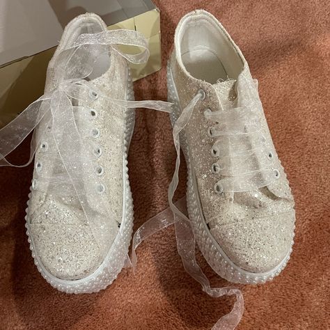 Beautiful White /Sparkling/ Bling / Glitter / Pearl Sneakers . Great For Wedding /Party Very Different And Unique They Come With A Box . This Is My Daughter In Law And Her Size Is 7 Smoke Pet Free Home Pearl Sneakers, Pearl Shoes, Beautiful Beautiful, Daughter In Law, Womens Shoes Wedges, White Silver, My Daughter, A Box, Wedding Party