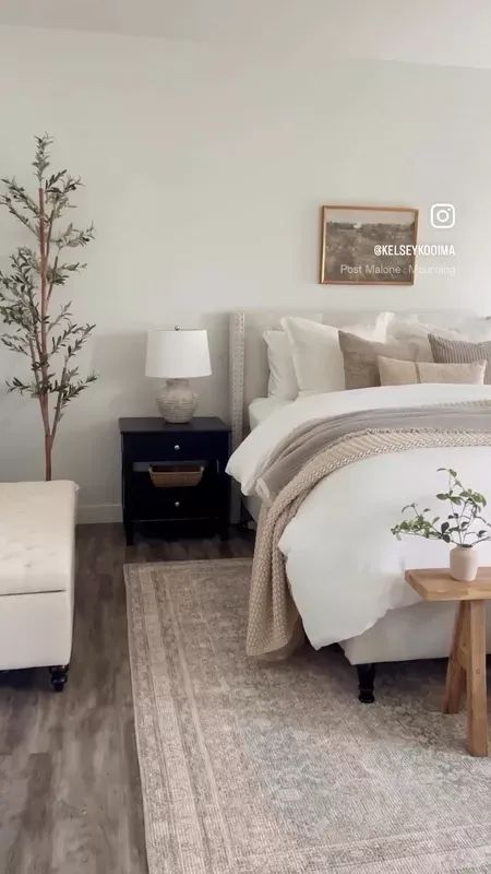 Black Cream Rug Living Room, Natural Bedroom With Black Accents, White Headboard With Black Nightstands, Bedroom Decor White Headboard, Apartment Bedroom Dark Furniture, White Bed Dark Furniture, White Black Neutral Bedroom, White Tan Black Bedroom, White Dresser In Bedroom