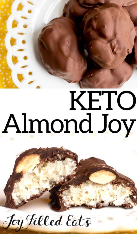 You won't miss this candy bar favorite any longer. With my healthy version of the classic Almond Joy candies, you can indulge without guilt! These mix up in minutes with a chewy coconut base topped with almonds and coated with melted chocolate. Only 2 net carbs per candy! #lowcarb #lowcarbrecipes #lowcarbdiet #keto #ketorecipes #ketodiet #thm #trimhealthymama #glutenfree #grainfree #glutenfreerecipes #recipes Keto Almond Joy, Almond Joy Candy, Fat Bomb Recipes, Low Carb Candy, High Fat Low Carb Recipes, Keto Candy, Fat Bomb, Joy Filled Eats, Fat Bomb Recipe