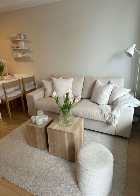 🤍🌸💞#apartment #beige #flowers #interior #smallhome #decor #DecorTips #Infuse #HouseGoals #Space #Feminine #with #Charm #Girly #Your #Decor #Apartment #Ideas #DecorInspiration #InteriorDesign Small Apartment Decorating Neutral, White Apartment Living Room Ideas, White And Wood Apartment Decor, Apartment Beige Aesthetic, Beige Couch Apartment, Couch Ideas For Bedroom, Clean Girl Living Room Aesthetic, Beige Home Interiors, Neutral Apartment Aesthetic With Pops Of Color