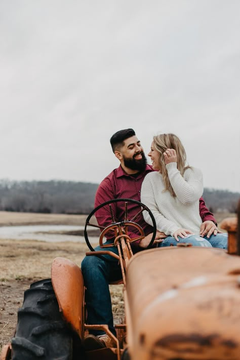 Tractor Couple Photoshoot, Engagement Photos With Tractor, Tractor Photoshoot Ideas, Tractor Family Photos, Tractor Engagement Photos, Wedding Farm Photos, Tractor Family Pictures, Farmer Engagement Pictures, Tractor Engagement Pictures