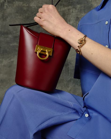 Salvatore Ferragamo on Instagram: “Gancini Delight. Explore the #FerragamoPF22 Collection’s brand-new take on the Trifolio bucket bag.” Yves Klein Blue, 2022 Fashion Show, Purse Outfit, Ferragamo Bag, Salvatore Ferragamo Bags, Salvatore Ferragamo Men, Ferragamo Men, 2022 Fashion, Mens Leather Bag