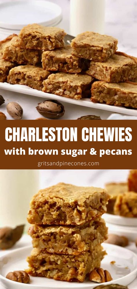 Pecan chews, brown sugar chewies, or Charleston chewies, no matter what you call them these brown sugar brownies are an insanely rich and decadent treat! Studded with chopped pecans and filled with brown butter, these simple southern dessert bars deserve a spot on your holiday table. Charleston Chewy Bars, Hummingbird Bars Kardea Brown, Chewy Dessert Bars, Pecan Chewies 12 Tomatoes, Butter Pecan Blondies Recipe, Pecan Chewy Bars, Chewy Bread Recipe Desserts, Brown Sugar Blondies Recipe, Brown Butter Bar Cookies