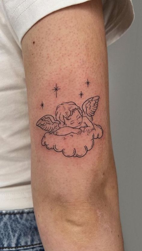 Cherub Tattoos, Simple Angel Tattoos, Cherub Tattoo Designs, Angel Tattoo For Women, Tattoos Angel, Cupid Tattoo, Cherub Tattoo, Angel Tattoos, Cloud Tattoo