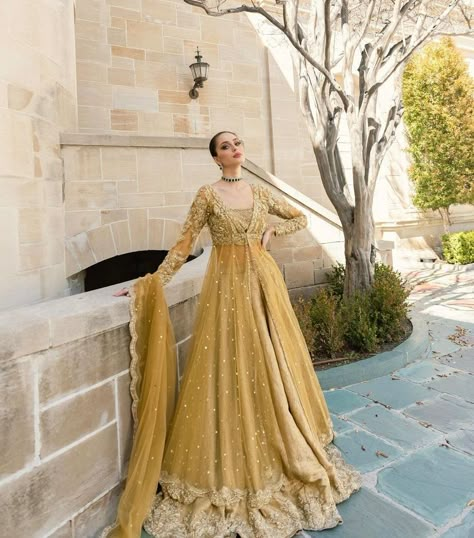 Engagement Anarkali Suits, Mustard Yellow Outfit Combination, Desi Fits, Mustard Dress, Desi Dress, The End Of An Era, Pakistani Formal Dresses, Desi Wedding Dresses, Wedding Lehenga Designs