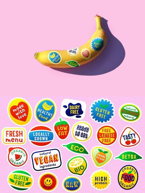 Graphic Design Food, Desain Merek, Inspiration Typographie, Fruit Stickers, Visual Style, Food Graphic Design, Funny Vintage, A Banana, Badge Design