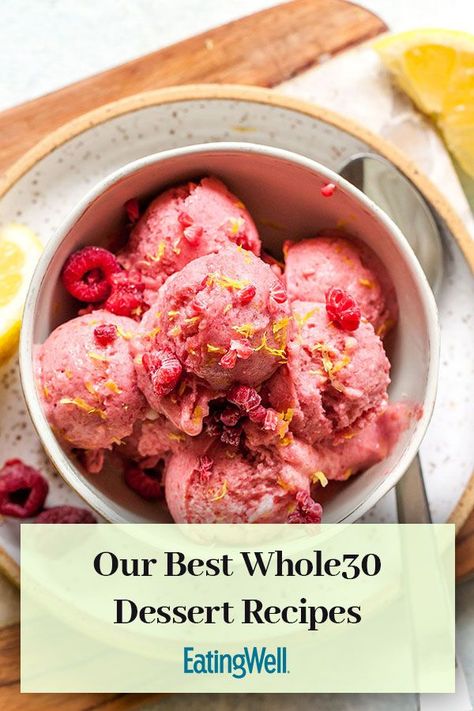 Each of these Whole30 desserts is simple, healthy and delicious. From easy, nutrient-packed scoops of "nice" cream to citrusy fruit salads and kebabs, these desserts will satisfy your sweet tooth and help you stick to the parameters of the Whole30 diet. Recipes like our 2-Ingredient Peanut Butter Banana Ice Cream and Apple Donuts are tasty treats without dairy, added sugar or grains.#whole30 #whole30diet #healthydesserts #dessertrecipes Whole 30 Ice Cream Recipes, Whole 30 Banana Ice Cream, Whole 30 Ninja Creami, Whole30 Dessert Recipes, Whole 30 Desserts Easy, Whole30 Desserts, Whole30 Dessert, Cherry Nice Cream, Peanut Butter Banana Ice Cream