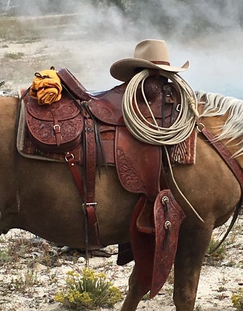 An amazing moment in time---Keith Seidel of Seidel's Saddlery is riding his own saddle and horse in Yellowstone National Park!  Background is a steaming geyser along one of the trails! Women On Horseback, Western Trail Saddle, Western Horse Photography, Saddled Horse, Saddle Photography, Cowboy Saddle, Horse With Saddle, Wade Saddles, Cowboy Photography