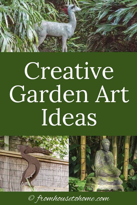 Want to add interest to your garden but not sure what to do? Click here to get some inspiration and find ways to upgrade your yard with garden art. #fromhousetohome #gardenideas #gardeningtips #outdoordecor #gardenart #landscapedesign Focal Point Garden, Whimsical Garden Art, Unique Garden Art, Wind Sculptures, Garden Art Ideas, Garden Art Sculptures Diy, Garden Artwork, Garden Art Projects, Garden Art Crafts