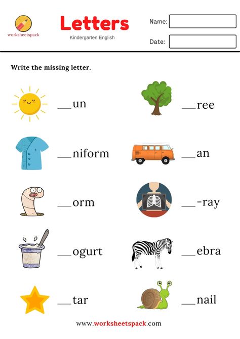 Write In Words, Letter Worksheets Kindergarten, Handwriting Worksheets For Kids, Letter Worksheets For Preschool, Missing Letters, Kindergarten Phonics Worksheets, Blends Worksheets, English Worksheets For Kindergarten, Kindergarten Reading Worksheets