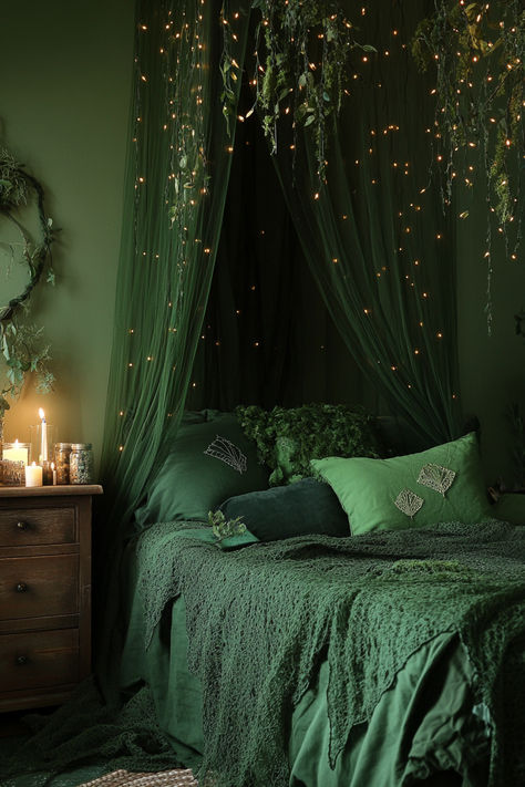 Transform your bedroom into a mystical haven with these 30+ witchy ideas. Blend magic and modern style with enchanting decor, from moon-themed accents to crystal displays. Create your own magical retreat! 🌟🔮 #WitchyBedroom #MagicalDecor #ModernWitch #HomeStyle Modern Witchy Decor, Forest Green Aesthetic Bedroom, Forest Green And Gold Bedroom, Witchy Minimalist Decor, Witch's Bedroom, Mystic Interior, Wiccan Bedroom, Wizard Raccoon, Dark Witchy Bedroom