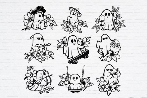 Boho Ghost Tattoo, Ghosts With Flowers, Cool Pictures To Draw, Flower Ghost, Ghost Illustration, Ghost Clipart, Halloween Shirt Design, Floral Ghost, Ghost Tattoo