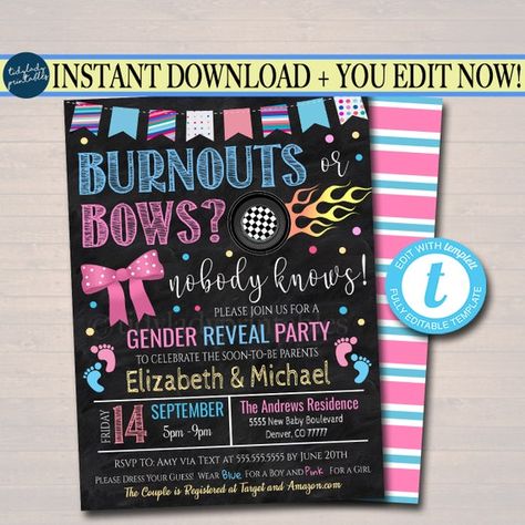 Burnouts or Bows Gender Reveal Invitation, Team Blue or Team Pink Race Car Wheels Tire Checker Flag, Coed Couples Shower, EDITABLE TEMPLATE Burnouts Or Bows Gender Reveal, Pink Race Car, Bows Gender Reveal, Bow Invitation, Bow Gender Reveal, Gender Reveal Party Invitations, Team Pink, Announcement Ideas, Invitation Text