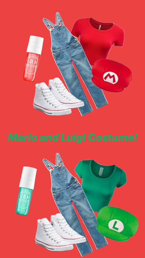 A Mario and Luigi duo costume to do with your best friend and everything you need for it! ❤️💚 Diy Mario And Luigi Costume For Women, Girls Mario And Luigi Costumes, Mario And Luigi Costumes Teen Girl, Diy Mario And Luigi Costume, Mario Costume Diy, Mario And Luigi Costumes, Mario And Luigi Halloween, Luigi Halloween Costume, Do With Your Best Friend