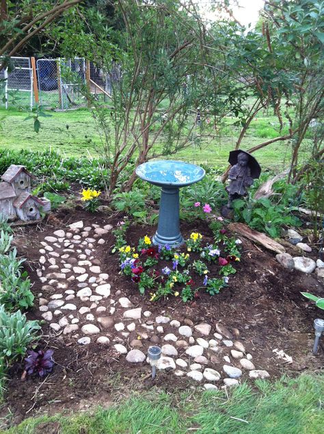 My project today, found a spot for bird bath and planted some plants and did rockery walk way. Bird Bath Area Ideas, Bird Bath With Rocks, Flower Garden With Bird Bath, Bird Sanctuary Ideas Backyards Gardens, Bird Bath Garden Ideas, Bird Area In Backyard, Bird Bath Ideas, Simple Garden Designs, Rock Path