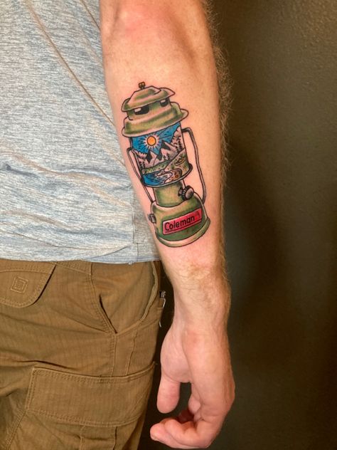 Coleman Lantern Tattoo, Camp Lantern Tattoo, Outdoor Themed Tattoos, Camping Lantern Tattoo, Lantern Tattoo Design, Grandpa Tattoo, Outdoor Tattoo, Nature Tattoo Ideas, Fishing Tattoo