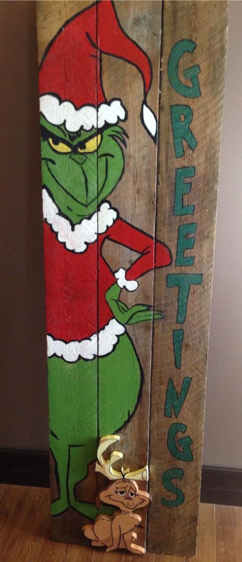 Reversible - Grinch and Max. FALL on the back.  Barn board porch sign Grinch Wooden Decor, Diy Wooden Grinch, Grinch Painted On Wood, Grinch Painting On Wood, Grinch Pallet Ideas, Christmas Porch Boards Signs, Christmas Yard Signs Wooden, Grinch Board Ideas, Easy Diy Christmas Yard Decorations