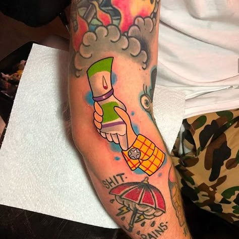 Arm With Tattoos, Buzz Lightyear Tattoo, Toy Story Tattoos, Toy Story Tattoo, Disney Tattoos Small, Disney Sleeve Tattoos, Stitch Tattoo, Nerd Tattoo, Cool Tattoo Drawings